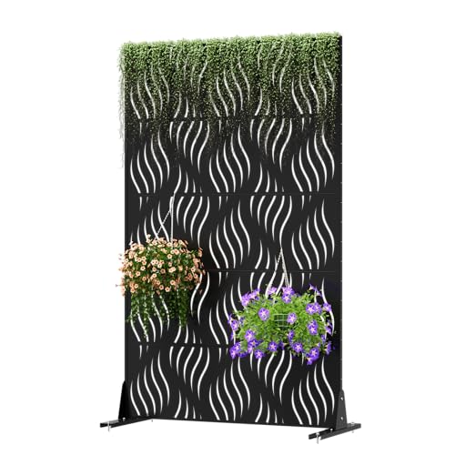 Cofar Metal Privacy Screen Outdoor 72" H×44" W -Black Freestanding Outdoor Privacy Panels with Stand, Decorative Fence for Patio, Deck, Balcony（Wicker） - style: 5-Panels Wicker_Black