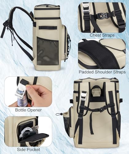 Insulated Cooler Backpack, 40L Leakproof Backpack with Double Compartments for Men & Women, Large Lunch Cooler for Camping, Beach, Travel, Picnic, Up to 48 Cans - color: Beige