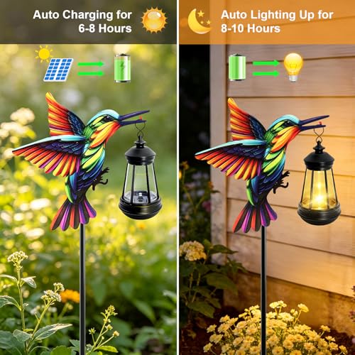 ANGMLN Hummingbird Solar Lights Outdoor, Hanging Lantern Waterproof, Birthday Gifts for Women Mom Mother's Day, Metal Garden Statue Yard Decor Patio Pathway Backyard Lawn Ornaments - color: Hummingbird