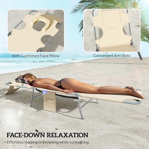 Outsunny Chaise Lounge Chair Outdoor Set of 2 with Face Arm Hole, 5-Position Reclining Face Down Tanning Chair with Carry Strap, Side Pocket, Portable Folding Bed Cot for Patio Beach Pool, Beige - color: Beige, size: 2 Pieces