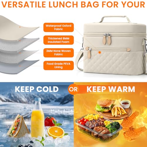 Tenot Insulated Lunch Box for Women Reusable, Leak Proof Cooler Lunch Bag Women for Work Stylish Quilted Lunch Tote Bag for Adult Picnic Travel Hiking Beige - color: Beige