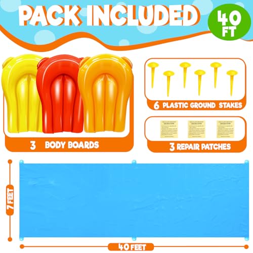 40 * 7Ft Extra Long n Width Slip Water Slide, Heavy Duty Lawn Water Slides and 3 Bodyboards 6 Stakes, Summer Outdoor Water Toys for Kids Teens and Adults Backyard Beach Swimming Pool Party - style: 40Ft Extra Long Water Slide