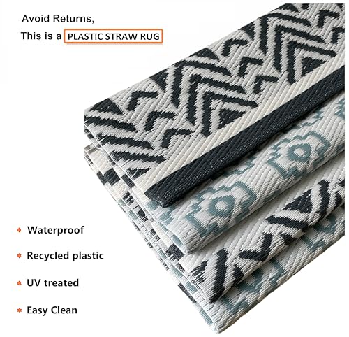 Outdoor Rug - 9x18 Grey, Teal, Reversible Recycled Plastic Straw Outdoor Patio Rugs Clearance Waterproof Large RV Camper Mats 7087 - color: Grey, Teal, size: 9' x 18' (Rectangular)