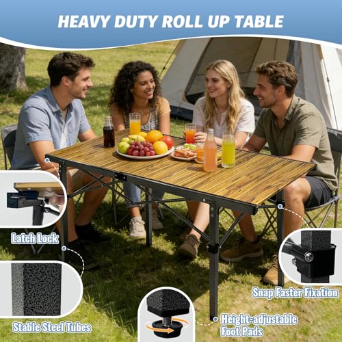 29.9" Tall Folding Camping Table for 2-6 Person, 54.7" Large Aluminum Foldable Roll-up Table Outdoor with Carry Bag for Picnic, Camp, Sturdy, Backyard, Patio - color: Natural