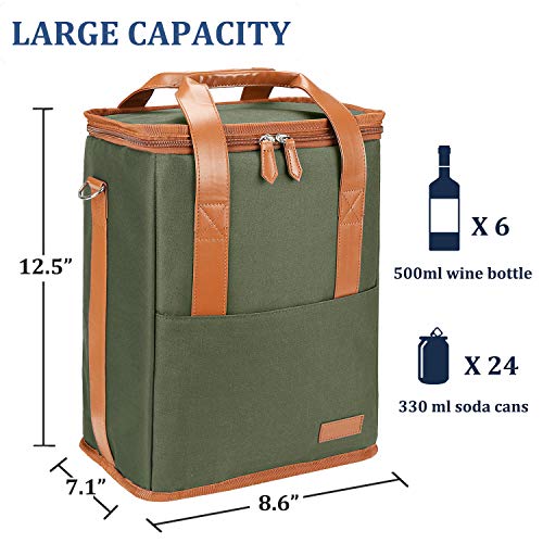 Tirrinia 6 Bottle Wine Gift carrier - Insulated & Padded Wine Carrying Cooler Tote Bag with Handle and Adjustable Shoulder Strap for Travel or Picnic, IDEAL Wine Lover Gift, Oliver - color: Olive