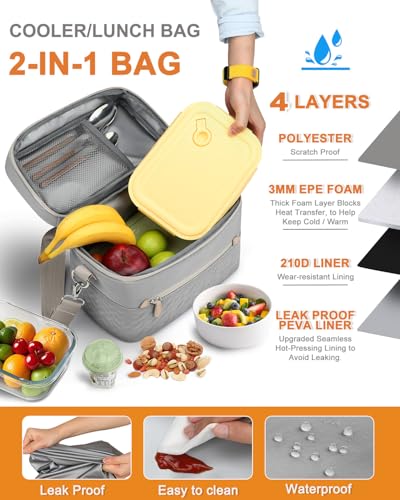 Capolo Lunch Box for Women Men Adults,Insulated Lunch Bag Leakproof Lunch Cooler Box with Removable Strap Cute Lunch Tote Bags Reusable Thermal Lunchbox for Work Picnic(Small,Grey) - color: Gray, size: Small