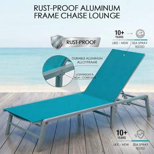 Kozyard Outdoor Foldable Lounge Chair, Aluminum Frame Patio Lounger with 5-Position Adjustable Backrest, Breathable Textilene Fabric, Assemble-Free, Reclining Full-Flat Poolside(MintGreen, No Table) - color: Mintgreen