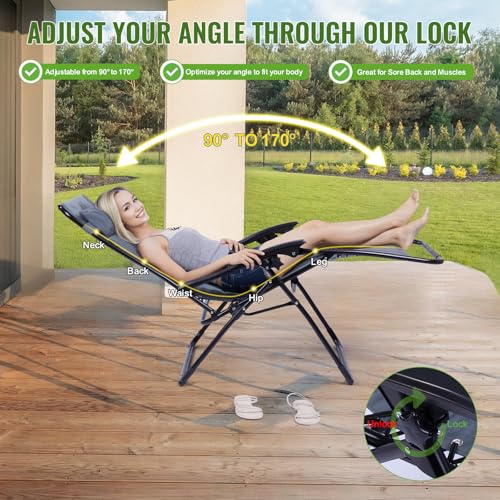 Backyard Expressions Deluxe XL Padded Recliner Zero Gravity Chair – Ergonomic Anti-Gravity Lounger with Folding Design, Side Tray, and Adjustable Headrest - color: Grey/Light Grey