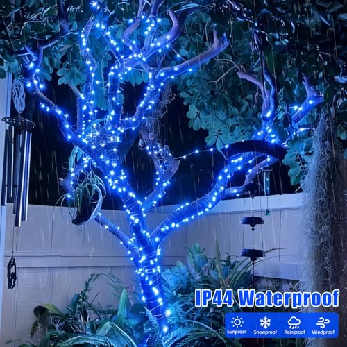 YEGUO 4 Pack Blue Solar Fairy Lights, Each 33ft 100 LED Christmas Lights Outdoor Waterproof, 8 Modes Sliver Wire Solar String Lights - color: Blue