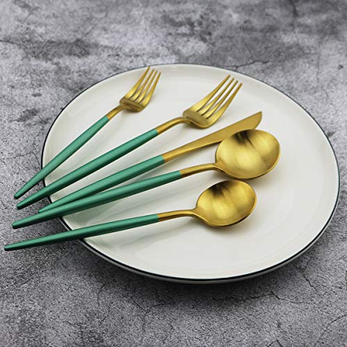 Green Handle Matte Gold Silverware, Gugrida 5-Piece 18/10 Stainless Steel Flatware Set, Kitchen Utensils, Tableware Travel Cutlery for Camping Office Lunch, Satin Finish, Dishwasher Safe - color: Green Handle Gold, size: Service for 1