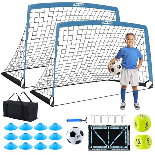 2 Set Kids Soccer Goals for Backyard with Training Equipment, Portable Foldable Practice Nets with Ball, Dice & Mat, Cones, Air Pump and Carry Bag for Toddler Youth Outdoor Sports Game - color: Blue, style: 5x3FT