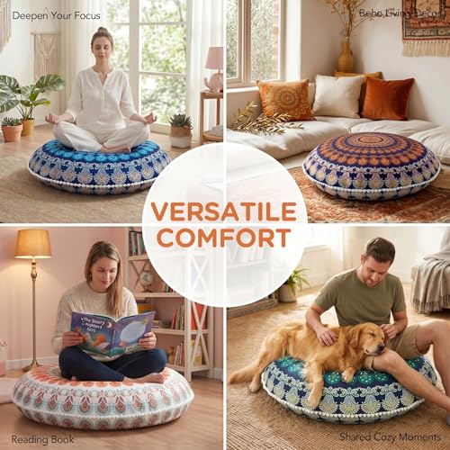 Codi Floor Pillows for Sitting Set of 2, Large Meditation Cushions for Adults with Memory Foam, Bohemian Mandala Round Seating for Outdoor Yoga and Living Room, Washable，32 Inch, Yellow - color: Round | Yellow, size: 2 Count (Pack of 1)