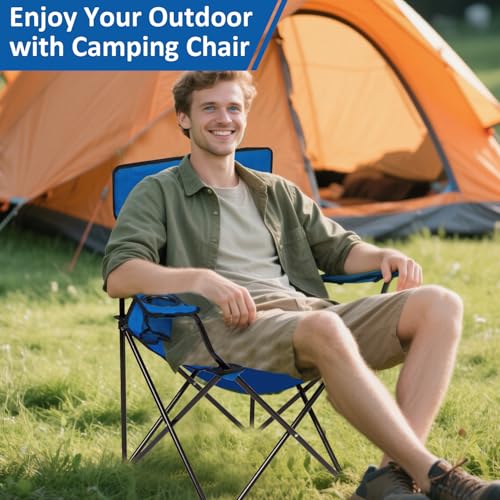 Folding Camping Chair with Cup Holder, 225lbs Capacity, Portable Foldable Chair with Large Anti-Sink Feet, PE Coated Fabric for Outdoor, Beach, Fishing, Backpacking, Blue 2PCS - color: Blue