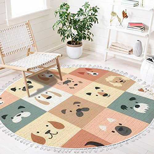 Round Boho Rug Cute Dogs for Kids and Baby Animals Nursery Poster for Greeting Cards Area Rug Linen Rug Carpet Patio Rug Hallway Runner Rug Mat Pad Minimalist Home Decor for Living Room Outdoor 6ft - color: Multi4, size: 6 ft