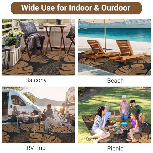 GarveeLife Outdoor Plastic Straw Rug 9x12 UV Resistant Waterproof Patio Rug, Reversible RV Camping Mat with Portable Bag & 4 Stakes, Modern Indoor Outdoor Rugs for Balcony Deck Yard, Brown - color: Leaf|black&brown, size: 9' x 12' (Rectangular)