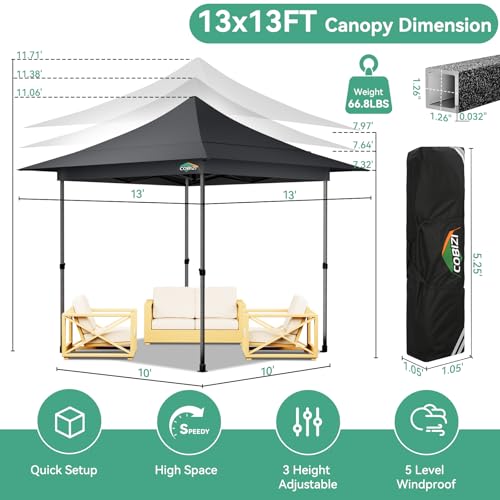 COBIZI 13x13 Pop Up Canopy Tent Heavy Duty with Sidewalls & Auto-Extending Eaves Outdoor Gazebo Easy Up for Backyard Party Commercial Events, All Weather Waterproof UV 50+ (Leg Upgraded) Gray - color: Gray, size: 13x13ft