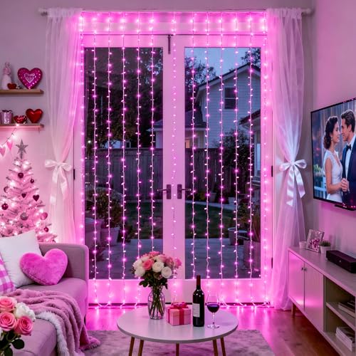 JMEXSUSS 300 LED Curtain Lights Plug in with Remote, Pink String Lights for Bedroom, Christmas, Window, Wall, Party, Teen, Girls' Room, Dorm, Valentine's Day Indoor Outdoor Decor, 9.8X9.8ft - color: Pink, size: 300 LED
