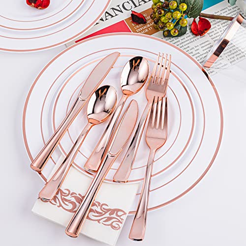 N9R 300PCS Rose Gold Plastic Silverware, Heavy Duty Plastic Cutlery Set, Disposable Rose Gold Utensils Include 100 Forks, 100 Spoons, 100 Knives, Perfect for Party Decorations - color: Rose Gold-300Pack