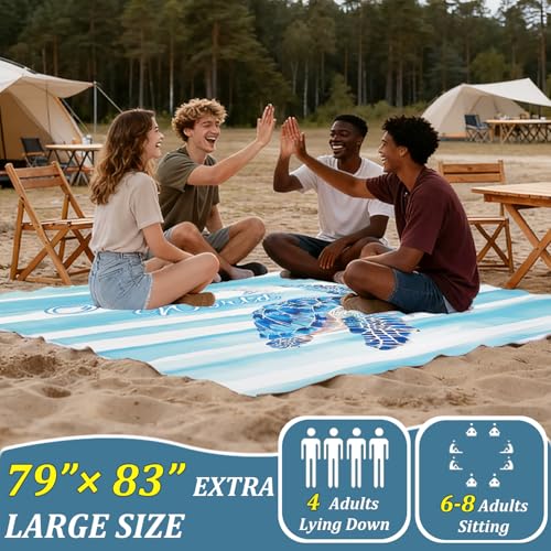 Beach Blanket Waterproof Sandproof Beach Mat 79" X 83" for 2-8 Adults, Sand Free Mat Quick Drying for Travel, Camping, Hiking with 4 Stakes & 4 Corner Pockets (Turtle) - color: Turtle
