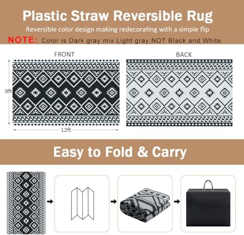 LILIOFFIC Outdoor Rug 9x12 ft, Waterproof Outdoor Plastic Straw Rug for Camping, Large RV Mat Outside, Outdoor Carpet for Deck, Backyard, Balcony, Picnic, with 4 Stakes, Grey - color: 01/Grey, size: 9' x 12' (Rectangular)
