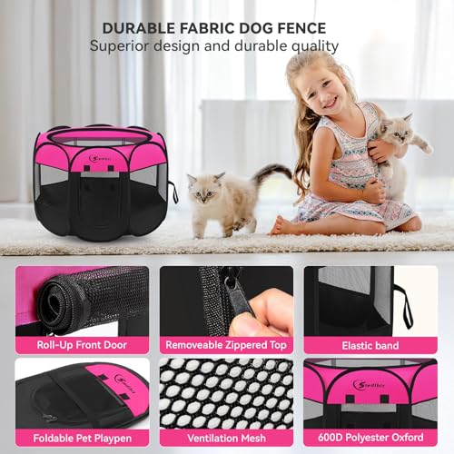 Siedihit Dog Playpen, Puppy Pet Playpens Indoor for Small Dogs Tent Crates Cage Indoor/Outdoor, Portable Pop Up Dog Kennel Playpen with Carrying Case for Dogs/Cats/Rabbits, Hot Pink - color: Rose