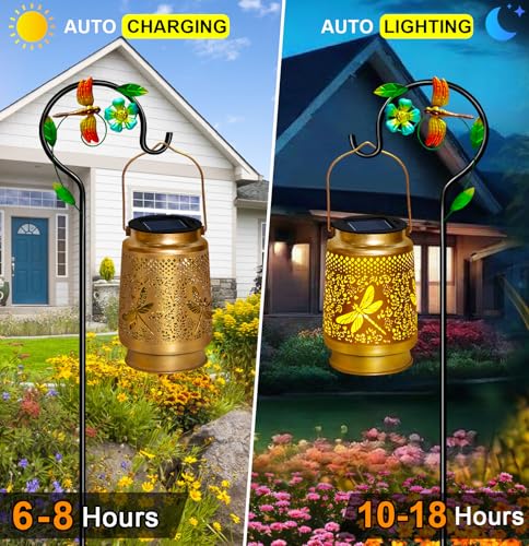 2 Packs Dragonfly Solar Lanterns Outdoor Waterproof with Shepherd Hook,Hanging Solar Lights Garden Decor,Christmas Decorations Dragonfly Gift for Women Grandma,Metal Decorative Lanterns for Yard,Patio - style: 2 packs solar dragonfly lanterns