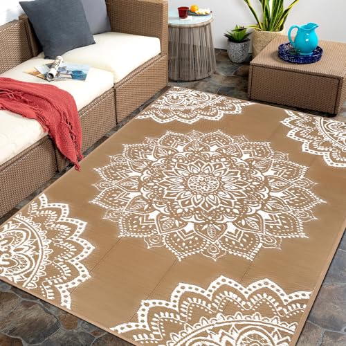 Yamaziot Waterproof Outdoor Rug 5x8 ft, Reversible Plastic Straw Rug for Patio Clearance, Camping, RV Mat, Large Outside Rug Carpet for Porch, Deck, Backyard, Balcony, Picnic (Brown) - color: Brown, size: 5' x8'