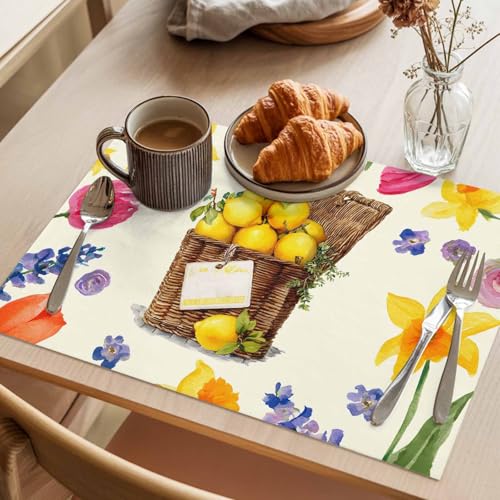 Spring Flowers Watercolor Placemats Set of 2, Summer Picnic Basket of Lemons Table Mats Washable Heat-Insulation Non-Slip Place Mats for Kitchen Dinner Table Indoor Outdoor Decor - size: 13''x19'' - 2PCS
