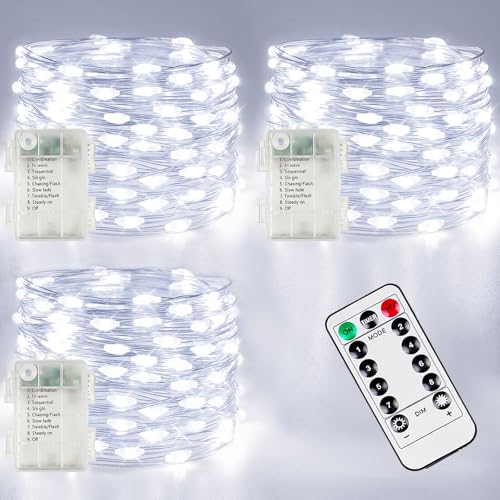 3 Pack Fairy Lights Battery Operated with Remote, 120LED 40FT Twinkle Lights Waterproof for Outdoor & Indoor, 8 Modes Battery String Light Timer for Christmas Party Birthday Home DIY Décor(Cool White) - color: Cool White, size: 3 Pack 120led