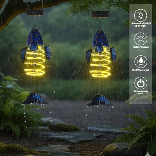 2 Pack Fish Solar Lights Outdoor Hanging Lantern with Handle, Solar Powered Fish Garden Decor for Outside Patio Yard Porch Pathway Fish Gifts for Women (Warm White LED Lights) - color: Blue-Fish