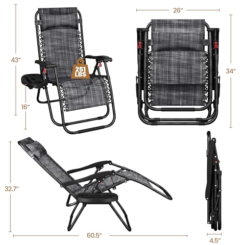 Yaheetech Zero Gravity Recliners Outdoor Adjustable Folding Reclining Lounge Chairs w/Pillows, Cup Holder Trays and Carry Strap for Patio Backyard Beach Gray Set of 2 - color: Grey