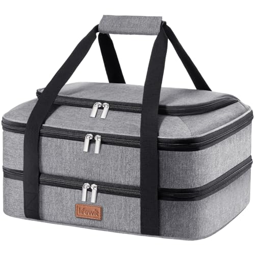 Lifewit Double Decker Casserole Carrier for Hot and Cold Food, Insulated Casserole Dish Carrier Carrying Case with Tool Room, Thermal Bag for Potluck Parties Cookouts Fits 9"×13" Baking Dish, Gray - color: Gray