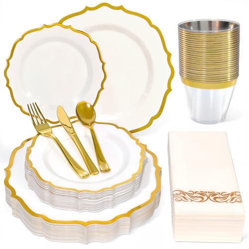 175 Plastic Dinnerware Set Gold Disposable Dinnerware Set for 25 Guests Include 50 Plastic Plates 25 Silverware Set 25 Cups and 25 Napkins for Mother's Day Party Wedding Birthday - color: Gold