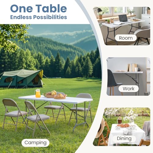 DUMOS 8 Feet Folding Picnic Table, Plastic Table with Carrying Handle, Heavy Duty Portable Table for Camping Party, White - color: White, size: 8 FT