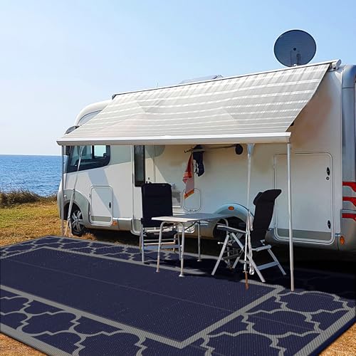 GENIMO 10 'x20 ' Outdoor Rug for Patio Clearance, Waterproof Indoor Outdoor Plastic Straw Rugs Carpet, Reversible Outside Area Rv Mat for Camping, Balcony Porch, Deck, Picnic, Beach (Blue & Grey) - color: Blue & Grey, size: 10' x 20' (Rectangular)