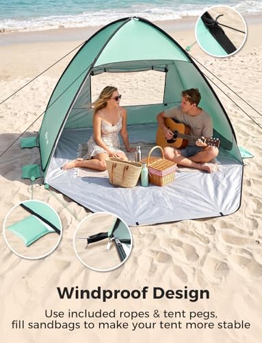 Glymnis Pop Up Beach Tent Beach Shade Tent for 1-4 Persons Sun Shelter UPF 50+ Enclose Zipper Door Portable Easy Up Beach Tent - style: Green for 3-4 Person