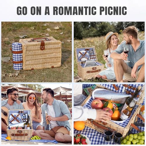 HappyPicnic Picnic Basket Set for 2 - Wicker Picnic Basket with Waterproof Blanket & Insulated Liner, Large Handmade Willow Hamper with Cutlery Kit for Outdoor, Picnic, Camping, Party, Holidays (Blue) - color: Blue