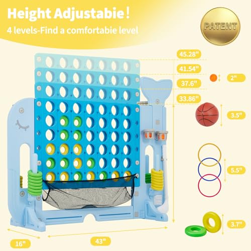 Jumbo 4-to-Score Connect Outdoor Game, 4-Levels Height Adjustable Giant 4-in-a-Row Yard Games with Mesh Net, 4-in-1 Play Design w/Golf, Basketball & Ring Toss for Kids & Adults, Patent Authorized