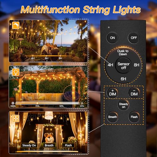 Ollny S11 100FT Outdoor String Lights with Remote, Plug in Waterproof Connectable 3 Modes Dimmable Timers Patio Lights with 48+2 LED Spare Bulbs, Dusk to Dawn Outdoor Light for Outside Bistro Yard - size: 100FT, style: S11-100FT(Remote)