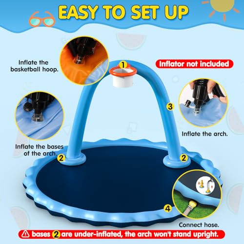Instraella Splash Pad for Kids and Dog, 110" 2-in-1 Large Sprinkler Mat with Basketball Hoop and Arch for Kids Outdoor Play, Shoot Game for Backyard, Inflatable Water Toys More Fun for Boys and Girls - size: Round 110 in