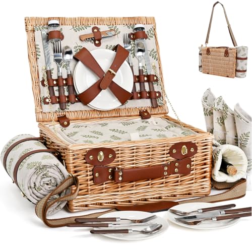 Picnic Basket with Blanket and Wine Pouch for 4, Wicker Picnic Set with Insulated Liner Cooler Bag Hamper for Camping,Wedding - Leaf - color: Leaf With Blanket for 4