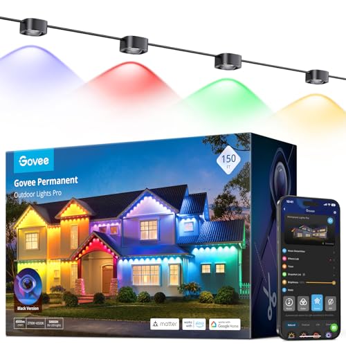 Govee Permanent Outdoor Lights Pro, 150ft with 90 RGBIC LED Lights for Daily and Accent Lighting, 75 Scene Modes for Patio Decor, IP67 Waterproof, Works with Alexa, Google Assistant, Matter, Black - color: Black, size: 150ft