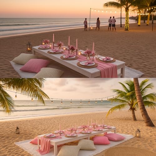 Beeveer 91 x 71 Extra Large Outdoor Boho Picnic Blanket with Pink Table Runner, 6 Throw Pillow Covers 6 Napkins Woven Cotton Yarn Oversize Beach Blanket Washable Picnic Camp Wedding - color: Pink