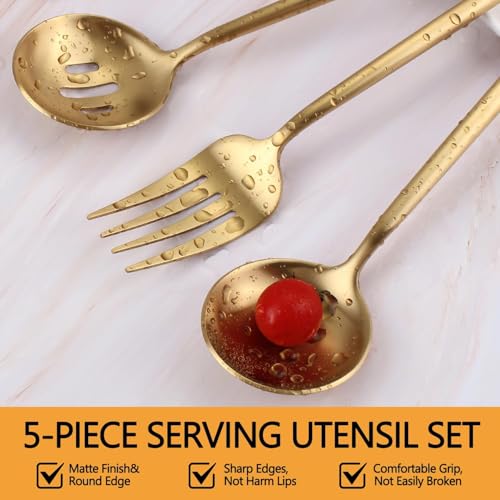 Gold Stainless Steel Serving Utensils Set, 5 Pcs - 10.8 Inch Serving Fork, 10.3 Inch Slotted Spoon, Sugar Spoon, Butter Knife for Buffet - color: Gold