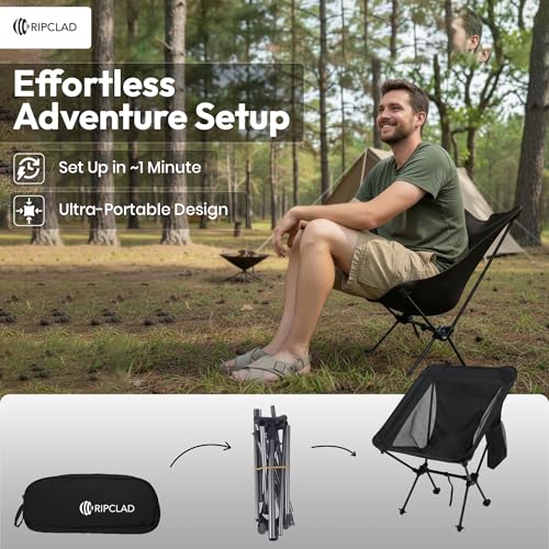 Ultralight Camping Chair, Folding Backpack Chair with Aluminum Frame, Side Pocket & Anti-Sinking Feet, Supports 330 lbs, Camp Chair for Outside, Hiking, Beach, and Travel (Black)