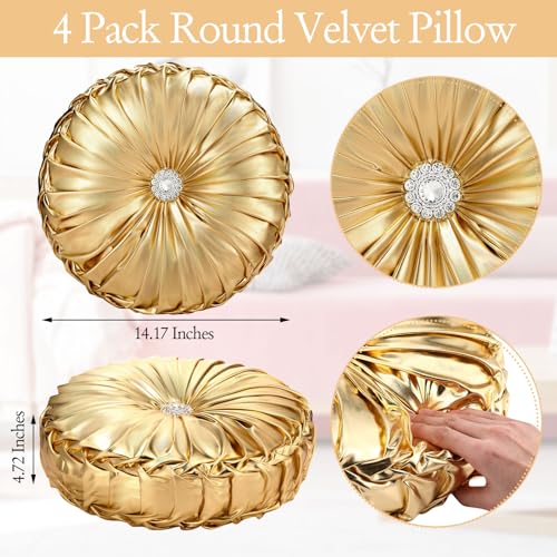 Kathfly Set of 4 Decorative Round Pleated Throw Pillows, Classy Velvet Pumpkin Round Throw Pillows, Decorative Floor Pillow for Bed Chair Home Sofa Decor, 14" Diameter(Gold and Silver) - color: Gold and Silver
