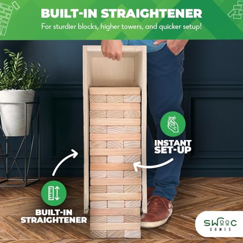 SWOOC Games® - Giant Tower Game with 3-in-1 Straightener, Table & Storage Box - 90% Faster Set Up with Transforming Box & Straightener - Starts at 2-4ft - Grows to Over 6ft - Large Outdoor Yard Games