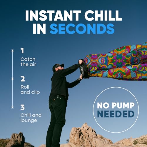 Chillbo Inflatable Couch – Unique Designs - No-Pump Setup, Ripstop Polyester, Stability Pegs, Fun Prints - Portable Air Inflatable Lounger for Beach, Camping, Festivals, and Tailgating - color: 60s Psychedelic, size: Large