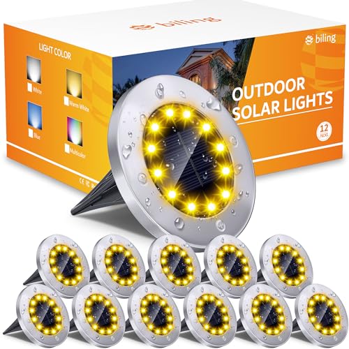 Biling Solar Ground Lights Outdoor 12 Packs, Bright 12 LEDs Solar Lights Outdoor Waterproof for Yard Walkway Garden Driveway (Warm White) - color: Warm, size: 12 Pack
