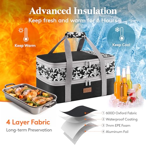 Lifewit Insulated Double Decker Casserole Carrier, Expandable Lasagna Lugger Tote Bag for Hot or Cold Food, Fits 9" x 13" Baking Dish for Potluck Parties, Picnic and Cookouts, Black-Flowers - color: Black-Flowers